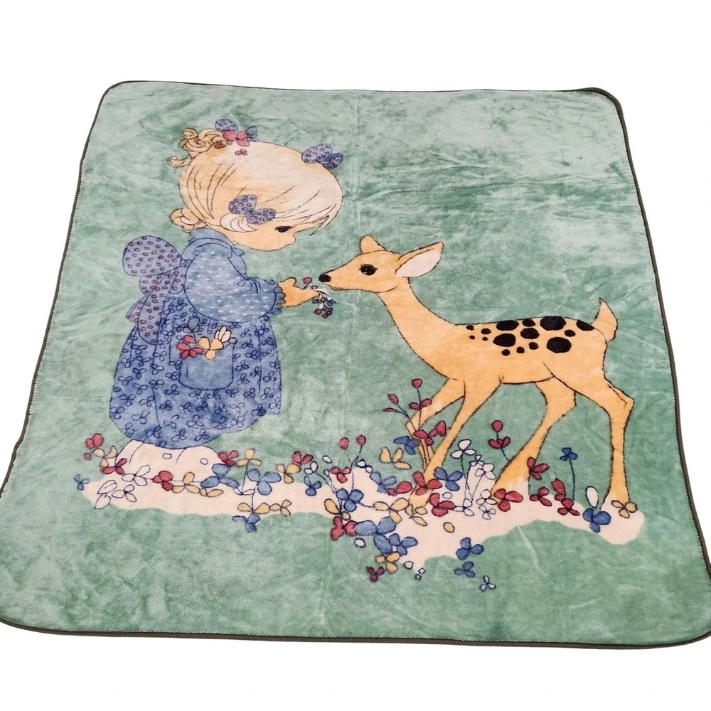 Precious Moments Vintage Blanket Girl‎ and Deer Green Thick Mink Plush 83x59